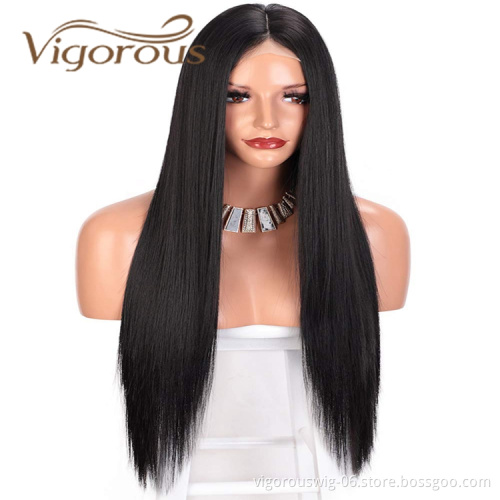 Vigorous Hot Selling In Stock Long Black Silky Straight Wave Middle Part Natural Hairline For Black Women Synthetic Hair Wigs